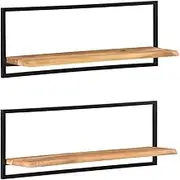Wall Shelves Wood with Frame Bracket - Hanging Display, Oak Floating Shelf, Solid Acacia and Steel Shelf for Wall Decor, 2 Pcs Ledge