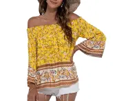 Off Shoulder Blouse Bell Sleeve Floral Printed Off Shoulder Blouse For Women Lady Dating Office Yellow Xl