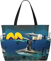 [SKKNT] Hammerhead Sharks Print Large Capacity Tote Bags Waterproof Sandproof Beach Gym Travel Vacation Picnic, Black, One Size