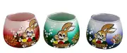 Czech Glass Easter Candle Holder/Dish Set Of 3 Red, Blue and Green Bunnies 3" H