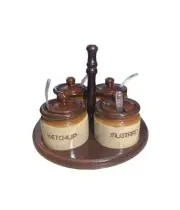 Vintage NOS 1983 Stoneware Condiment Set with Spoons & Lazy Susan Server