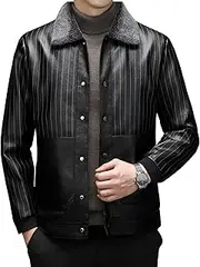 [Zylphorix] Men's Leather Jacket with Zip Up Closure Quilted Lining Features Stand Collar Functional Pockets for Versatile Wear