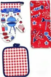 Patriotic Red White Blue BBQ THREE Piece Towel Potholder Oven Mitt CUTE!