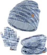 [Lifup] 3-in-1 Children's Winter Hat Scarf Gloves Set for Boys Girls 4-10 Years, Winter Hat with Bobble Knitted Hat Tube Scarf Winter Gloves Set