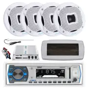 Pyle Bluetooth Marine Radio,Cover, Antenna,Amp w/Kit, 4x 6.5" 450W White Speaker