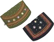 [srishopify handicrafts] Mini Hand Purse for Women Combo Set of 2 Trendy Pouch Banjara Original Mirror Work Ladies Purse Wallets for Girls (6.5 inch Small batwa Bag Two Fold Handmade Thread Work), Olive Mehandi green -Black, Small 6.5 Inch, Classic