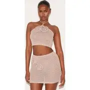 Taupe Tie Neck Flower Applique Top, Taupe