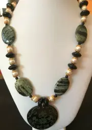 20" Shell Pendant Necklace & Earring Set Snakeskin Agate, Black Onyx, Wh Swarovk