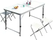 Portable Folding Table and Chair Set - Adjustable Height, Durable Iron Frame White Ideal for Camping, Picnics, and Outdoor Activities, Camping Furnitur