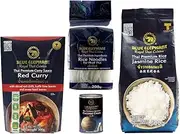 Blue Elephant Red Curry Sauce Bundle - 1x Phad Thai Rice Noodles, 1x Thai Jasmine Rice, 1x Coconut Cream, 1x Red Curry Sauce 300g