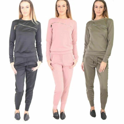 Ladies Womens Long Sleeve Set Zip Comfy Front Top LoungeWear Bottom Tracksuit