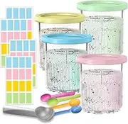 Caunedy for Ninja Creami Deluxe NC500/NC501 Series, 4 Pack Pastel Containers with 4 Customizable Stickers & 4 Scoops, BPA-Free, Dishwasher-Safe, Leakproof Ice Cream Storage Set
