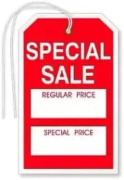 Special Sale / Reg Price, 2" x 3.375", Red & White, w String, 1000 Tags / Pack