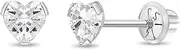 [In Season Jewelry] 14k White Gold 4mm Tiny Heart Cubic Zirconia Screw Back Earrings for Babies, Infants & Toddlers - Pretty Heart Studs with Safety Screw Backs for Children - Cute Kids Heart Earring Studs
