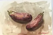 ORIGINAL Watercolor Painting Two Eggplans One-of-a-kind 11" X 7.1/2"