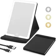 Lighted Travel Makeup Mirror, PU Leather Vanity Cosmetic Mirror with Lights, Rechargeable 1500mAh Battery, 3- Color Light Modes Dimming LED Light Up Mirror of 8X5.5inch, Travel Accessories for Makeup