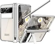 [Jarttarn] Compatible with Google Pixel Fold Case with Pen & Pen Holder, [Hinge Protection] [Built-in Screen Protector] [Kickstand Feature] All-Inclusive Crystal Clear PC Phone Case (Silver)