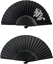 FANSOF.FANS Black Silk Fabric Folding Hand Held Fan with a Pouch Bamboo Ribs Chinese Vintage Handheld Girls Women Wedding Party Favour Gift (Simple Black and Dragon Art)