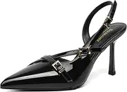 [Susanny] Black Patent Slingback Heels for Women Closed Pointed Toe Strappy Dress Pumps Comfort Stiletto Kitten Heels Buckle Strap Dressy Slip On Shoes for Wedding Bridal