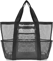 [Wanheart] Large Mesh Beach Bag Foldable Lightweight Clear Zipper Bag for Beach Pool Camping Travel Outdoor Activities Black, black, 63 * 39 * 20 cm