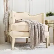 [CREVENT] Farmhouse Knit Throw Blanket for Couch Sofa Chair Bed Home Decoration, Soft Warm Cozy Light Weight for Spring Summer (127x152cm Light Grey/Khaki)