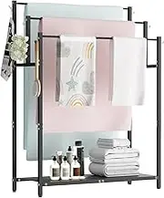 Mondazie 44” Tall Free Standing Towel Racks with 6 Hooks for Bathroom, 3 Tiers Oversized Pool Bath Towels Drying Stand, Metal Blanket Ladder Holder with Storage Shelf for Bedroom Living Room, Black