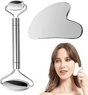 Face Roller and Sha Set, Pure Stainless Steel Sha Set, Body Muscle Relaxing Reduce Puffiness Facial Massage Tools for Massaging Face Eye and