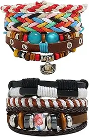 [MOMOFSSS] 2 Sets of Beaded Combination Bracelets Vintage Braided Hemp Rope Sleeves Ornament Beaded Bracelets