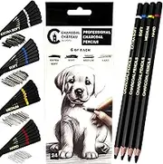 Charcoal Chateau - 24 Professional Charcoal Pencils - Four Hardness Levels - Perfect for Rich Shading, Sketching, Drawing & Art