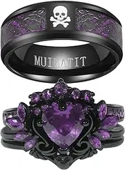 [Ringcrown] Couple Rings Matching Rings Black Wings Skull Ring 1.5ct Red CZ Womens Wedding Ring Sets Punk Ring