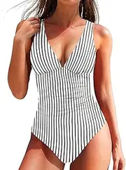 [Holipick] Women One Piece Swimsuits Tummy Control V Neck Slimming Bathing Suit Sexy Criss Cross Back Ruched Swimwear