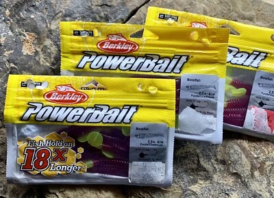 Berkley Powerbait Bonefish Soft Plastic Baits. 2.5”. Purple/Chartreuse. 3 Packs