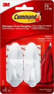 Command Medium Designer Hooks, 2 Hooks and 4 Strips, Medium, White