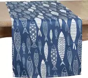School Collection Fish Design Table Runner, 16"X90“, Navy Blue