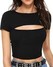 [BelleLovin] Women's Sexy Rib Knit Cut Out Front Solid Crop Tee top Short Sleeve T Shirt