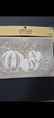 New Tan White Gold Rustic Pumpkin Embroidered Table Runner 13x72 in 100% Cotton