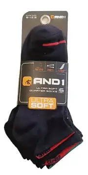 6-Pair AND1 Men's Shoe Size 6-12.5 Black Ultra Soft Quarter Socks AN9351A003