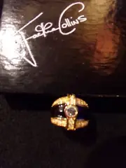 Vintage JACKIE COLLINS Gold Tone Black Enamel Crystals Ring – SIZE 7 – Stunning!