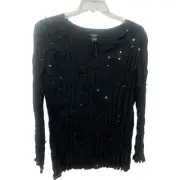 New Bob Mackie Black Sequined V Neck Long Flutter Sleeves Split Cuff Top NWT