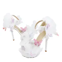 在飛比找蝦皮購物優惠-2017年夏季新款超高跟唯美蕾絲花朵蝴蝶婚鞋拍照白色水鑽仙女