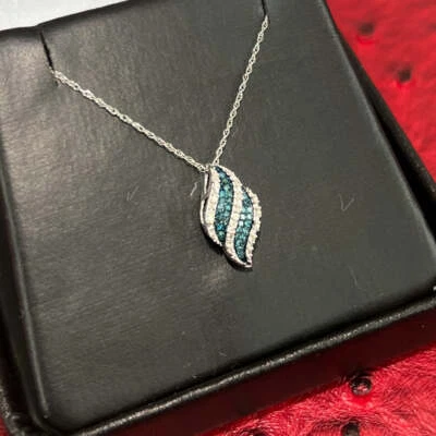 0.10 Carat 10K White Gold Blue Diamond Necklace Set Pendant