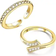 MILACOLATO 2Pcs Sterling Silver Toe Rings Set Cubic Zirconia Adjustable Band Rings Fitted Wrap Around Toe Ring for Women Summer Barefoot Jewelry