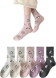 [AKAMAS] 5 Pairs of Women's Funny Cartoon Panda Pattern Colourful Socks, Cute Cartoon Animal Bear Motif Ankle Socks, Breathable Multicoloured Cotton Socks, Leisure Socks, Funny Patterned Crew Socks