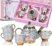 Tea Set Ceramic Tea Sets with Teapot, European Porcelain Tea Cup Set with 4 Teacups, 1 Teapot 240ml, Afternoon Tea Set Service for 4 Person, Vintage Coffee Set, Teapot Cup Set for Party, Ladies,Adult