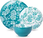 12 Piece Dinnerware Set For 4 Vintage Ceramic Dishes Plates Bowls Blue Floral