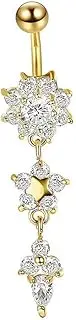 [Sctorikykt] Elegant Flower Crystal Dangle Belly Button Ring, Surgical Steel Navel Bar, Hypoallergenic Body Piercing Jewelry, Charming and Eye-Catching Design for Women
