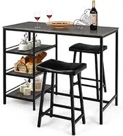 Costway 3 Pieces Dining Table Set, Counter Height Table Set with 2 Upholstered Stools and 3 Open Storage Shelves, Kitchen Bar Table and Stools Set for Small Space, Apartment, Dining Room, Home