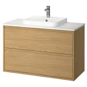 ÄNGSJÖN / BACKSJÖN wash-stnd w drawers/wash-basin/tap, oak effect/white marble effect, 102x49x71 cm
