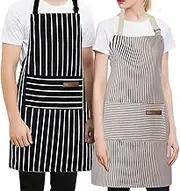 2 Pack Kitchen Aprons, Adjustable Bib Aprons with 2 Pockets, Stripe Cooking Chef Aprons for Men Women Cooking Baking Crafting, Black,Gray, Standard