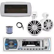 Pyle Bluetooth Marine Receiver, Cover, Antenna,Wire, 2x 3.5" 20W White Speakers